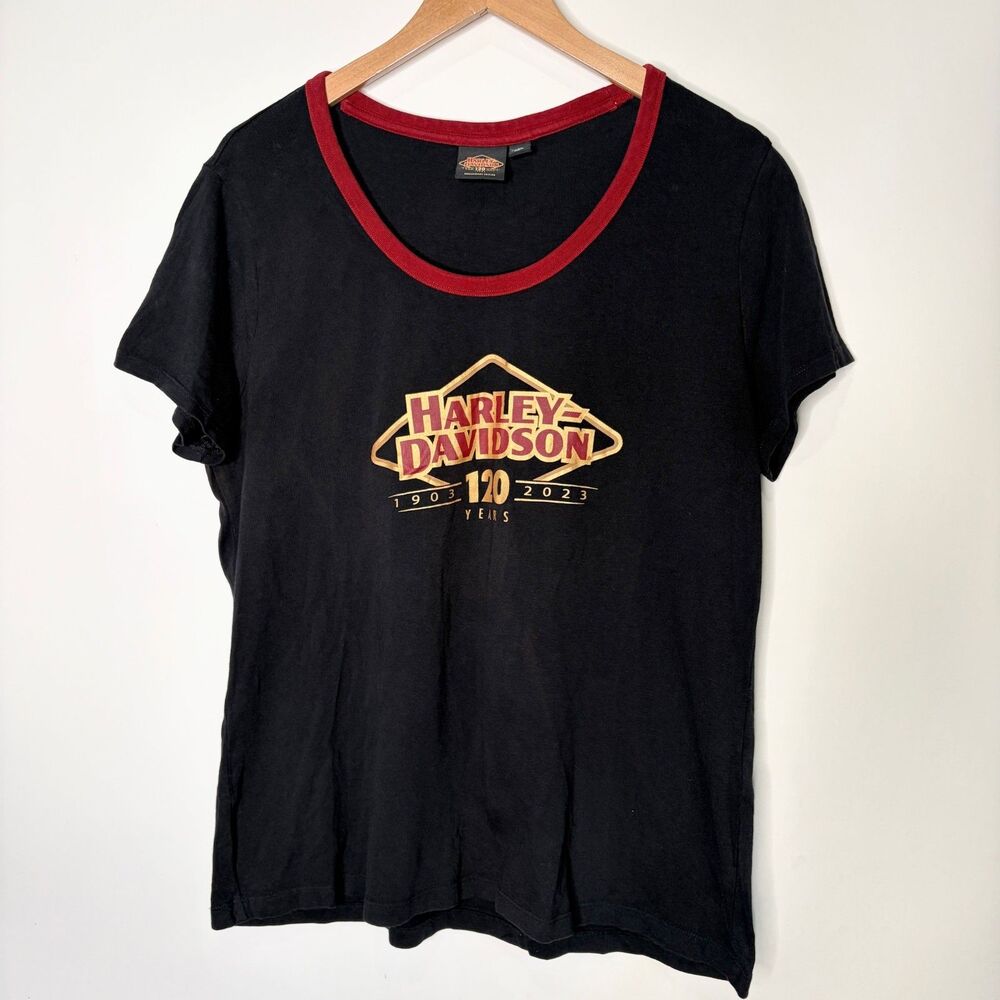 Harley Davidson T-Shirt Anniversary 120 Years Black Red Gold Women Size XL